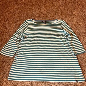 Lands End Womens Striped Boat Neck 3/4 Sleeve‎ Cotton Top Size L Teal White